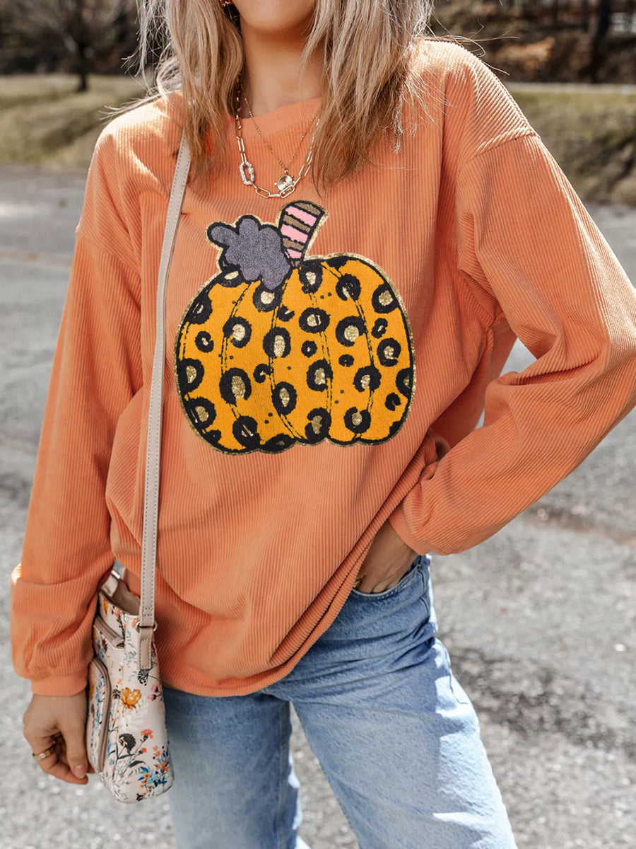 Halloween Leopard Pumpkin Patchwork Ribbed Sweatshirt